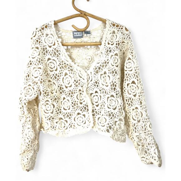 Vintage Sweaters - Vintage 90's  | M | Cardigan Sweater Crochet Knit Lace Cream Womens 1990's